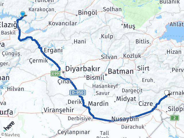 Tunceli Pertek Şırnak Arası Kaç Km - Yol Haritası
