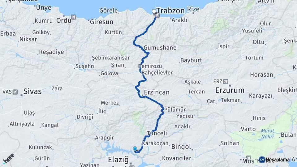 Tunceli Pertek Trabzon Arası Kaç Km - Yol Haritası