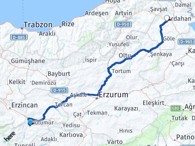 Tunceli Pülümür Ardahan Arası Kaç Km - Yol Haritası