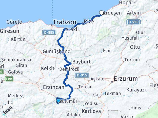 Tunceli Pülümür Ardeşen Rize Arası Kaç Km - Yol Haritası