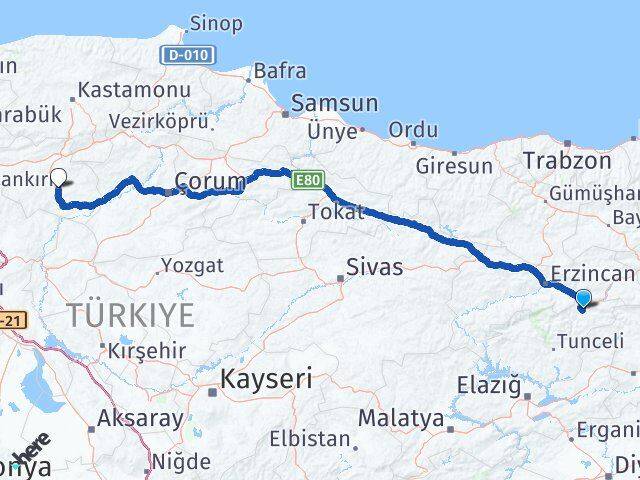 Tunceli Pülümür Çankırı Arası Kaç Km - Yol Haritası