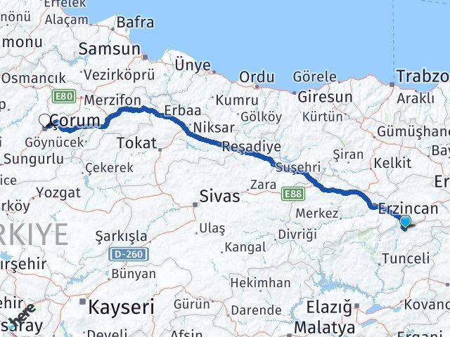 Tunceli Pülümür Çorum Arası Kaç Km - Yol Haritası