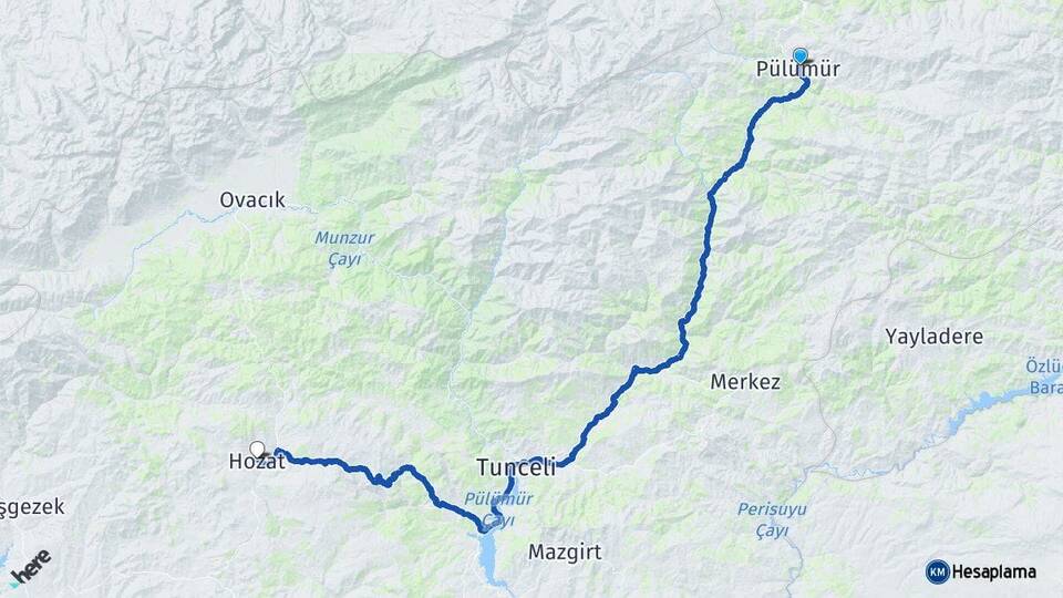 Tunceli Pülümür Hozat Arası Kaç Km - Yol Haritası