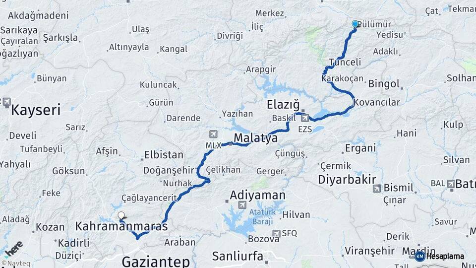 Tunceli Pülümür Kahramanmaraş Arası Kaç Km - Yol Haritası