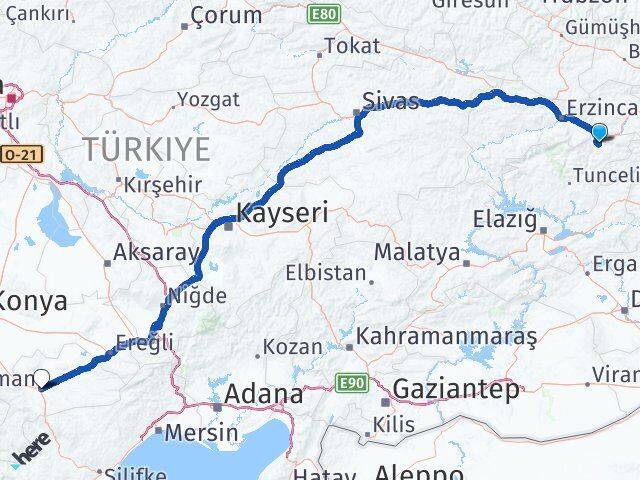 Tunceli Pülümür Karaman Arası Kaç Km - Yol Haritası