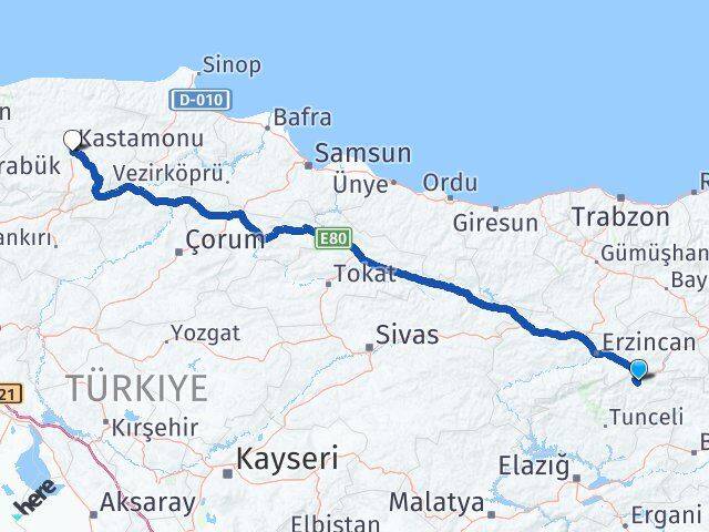 Tunceli Pülümür Kastamonu Arası Kaç Km - Yol Haritası