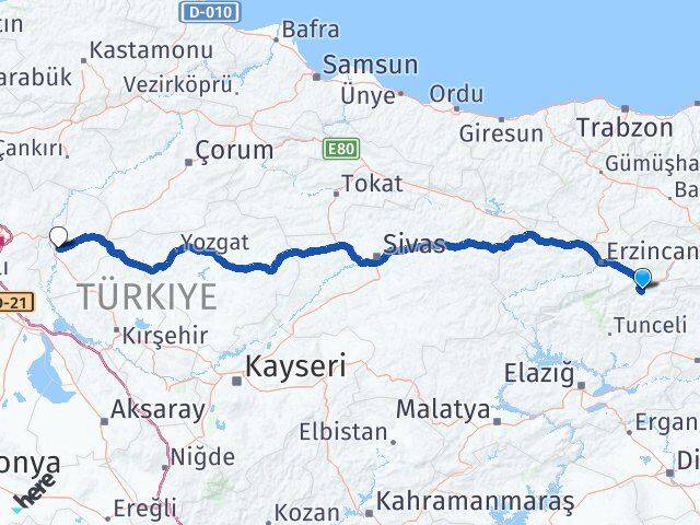 Tunceli Pülümür Kırıkkale Arası Kaç Km - Yol Haritası