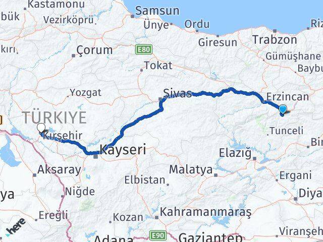 Tunceli Pülümür Kırşehir Arası Kaç Km - Yol Haritası