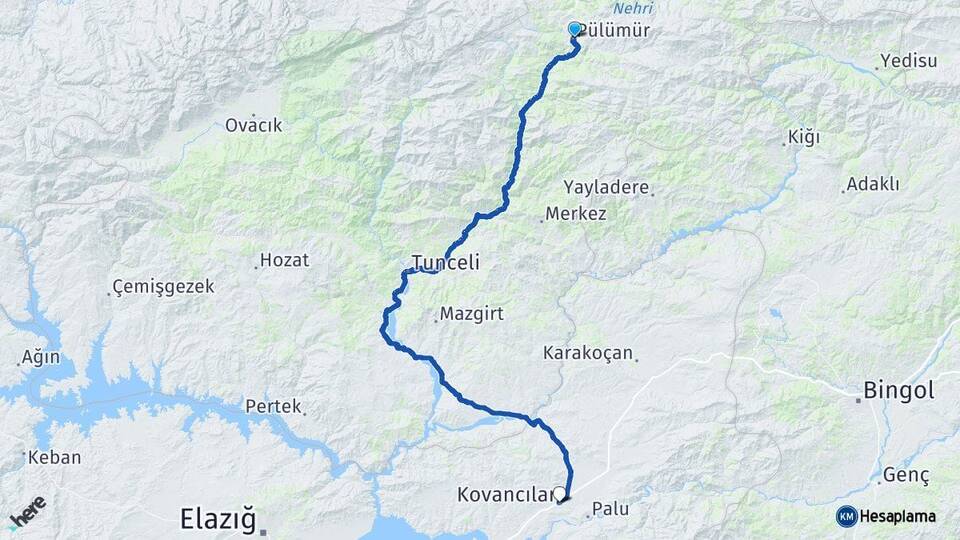 Tunceli Pülümür Kovancılar Elazığ Arası Kaç Km - Yol Haritası