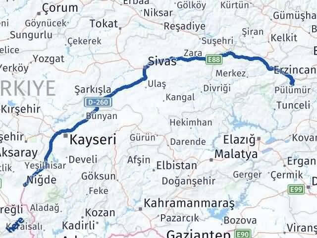 Tunceli Pülümür Niğde Arası Kaç Km - Yol Haritası