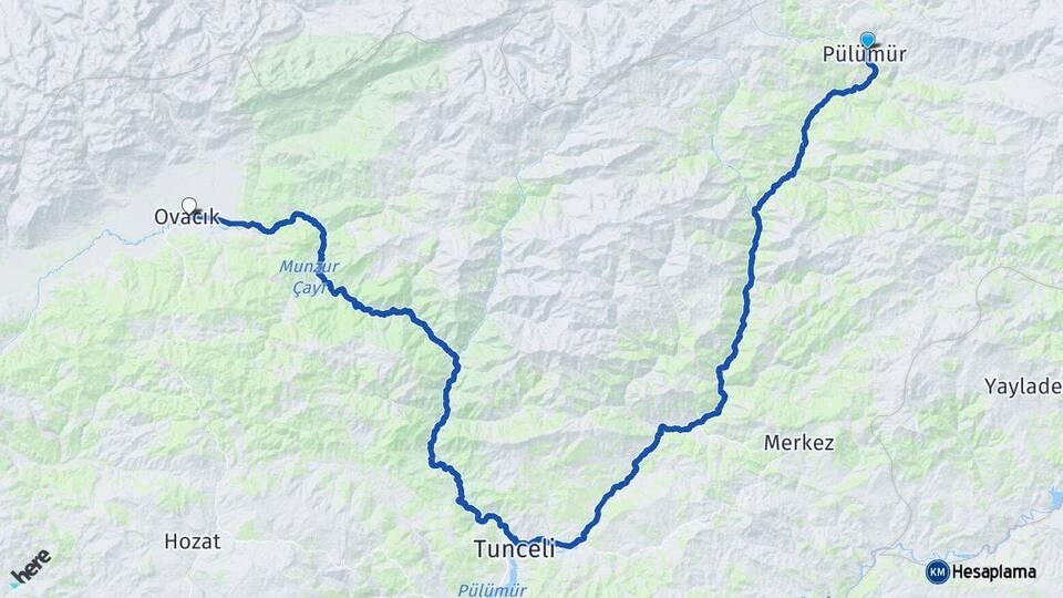Tunceli Pülümür Ovacık Arası Kaç Km - Yol Haritası