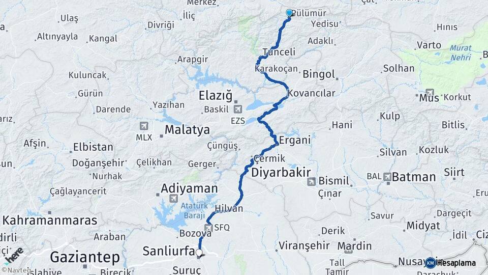 Tunceli Pülümür Şanlıurfa Arası Kaç Km - Yol Haritası