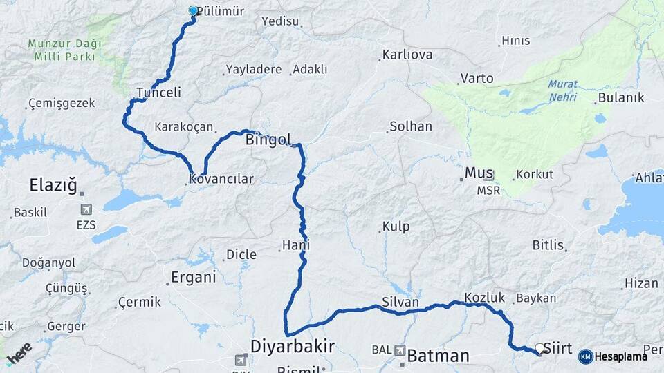 Tunceli Pülümür Siirt Arası Kaç Km - Yol Haritası