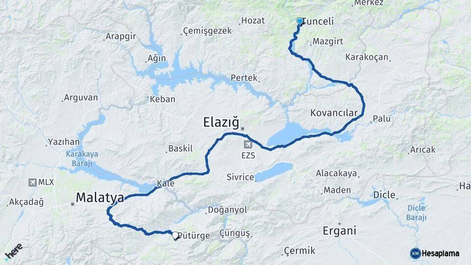 Tunceli Pütürge Malatya Arası Kaç Km - Yol Haritası
