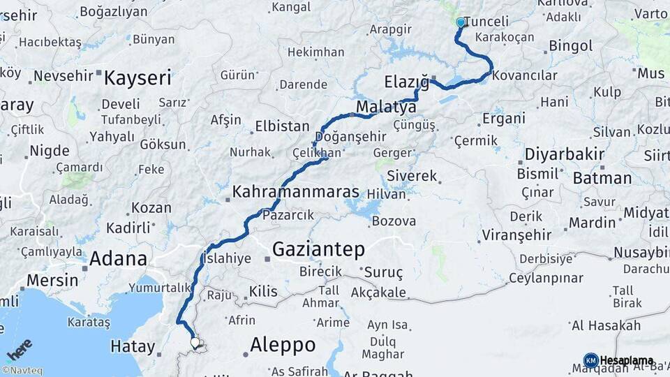 Tunceli Reyhanlı Hatay Arası Kaç Km - Yol Haritası