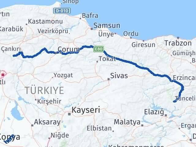 Tunceli Şabanözü Çankırı Arası Kaç Km - Yol Haritası