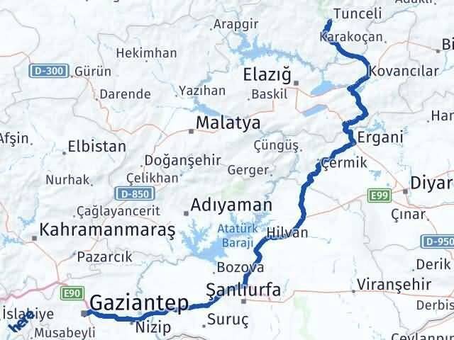 Tunceli Şahinbey Gaziantep Arası Kaç Km - Yol Haritası