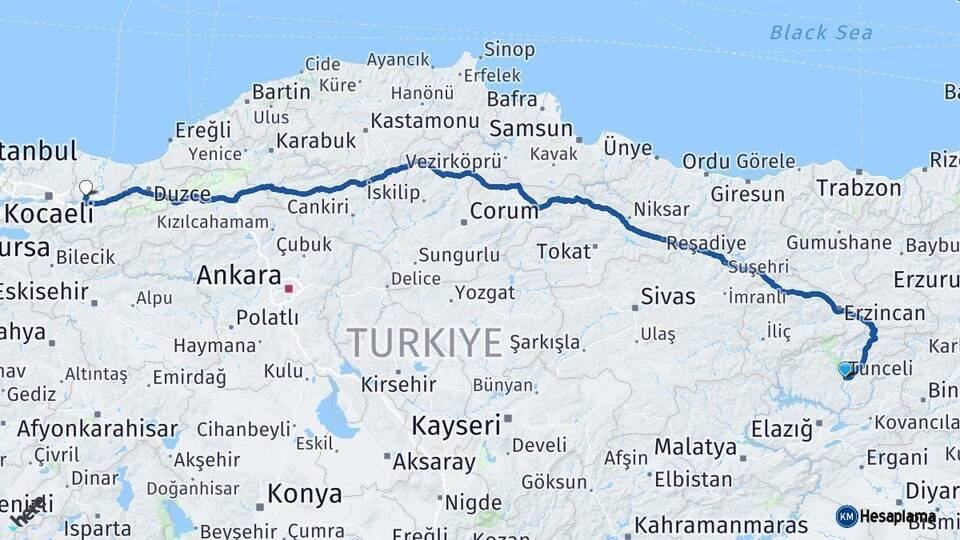 Tunceli Sakarya Arası Kaç Km - Yol Haritası