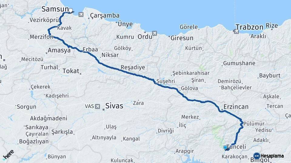 Tunceli Samsun Arası Kaç Km - Yol Haritası