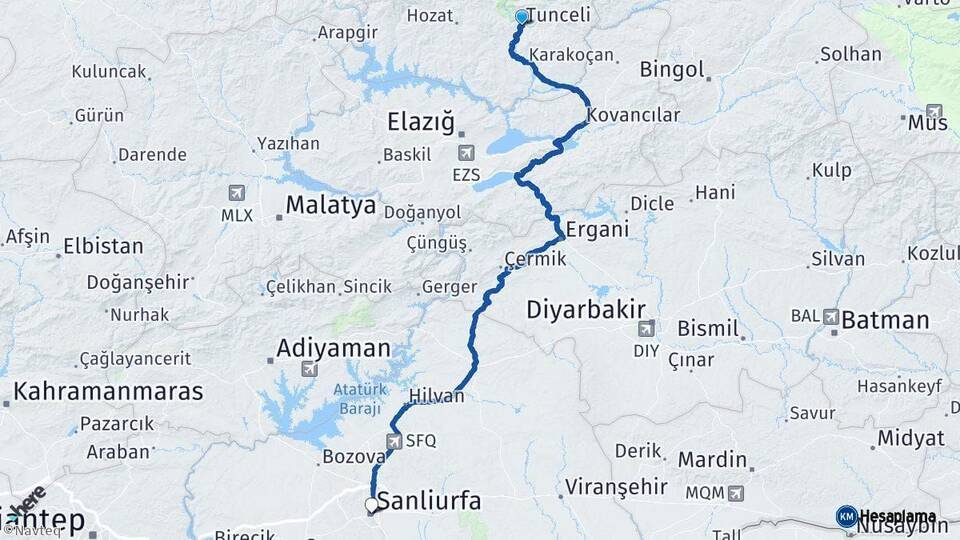 Tunceli Şanlıurfa Arası Kaç Km - Yol Haritası