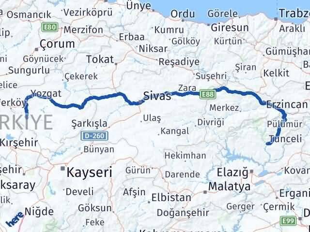 Tunceli Şefaatli Yozgat Arası Kaç Km - Yol Haritası