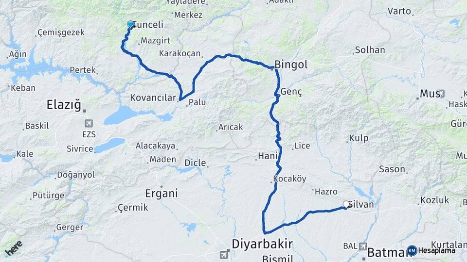Tunceli Silvan Diyarbakır Arası Kaç Km - Yol Haritası