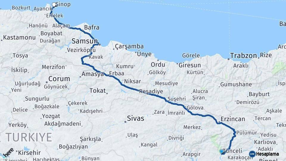 Tunceli Sinop Arası Kaç Km - Yol Haritası
