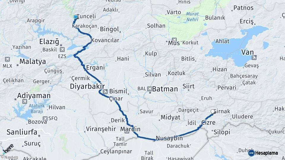 Tunceli Şırnak Arası Kaç Km - Yol Haritası