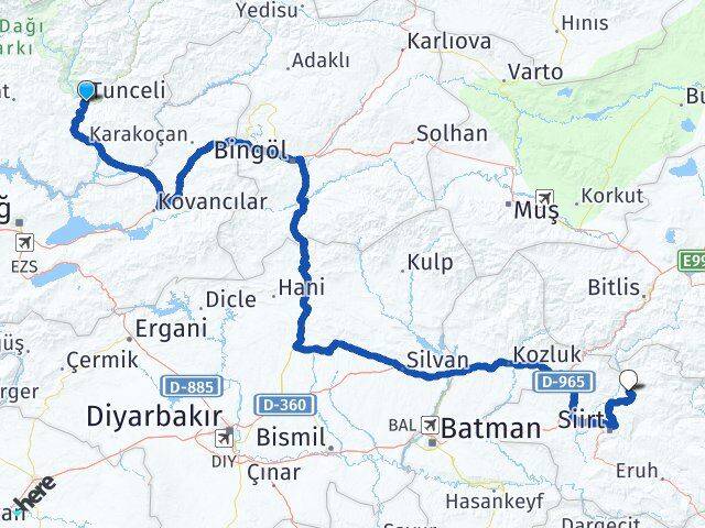 Tunceli Şirvan Siirt Arası Kaç Km - Yol Haritası
