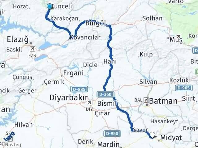 Tunceli Söğütlü Midyat Mardin Arası Kaç Km - Yol Haritası
