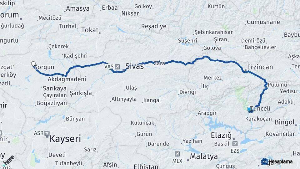 Tunceli Sorgun Yozgat Arası Kaç Km - Yol Haritası