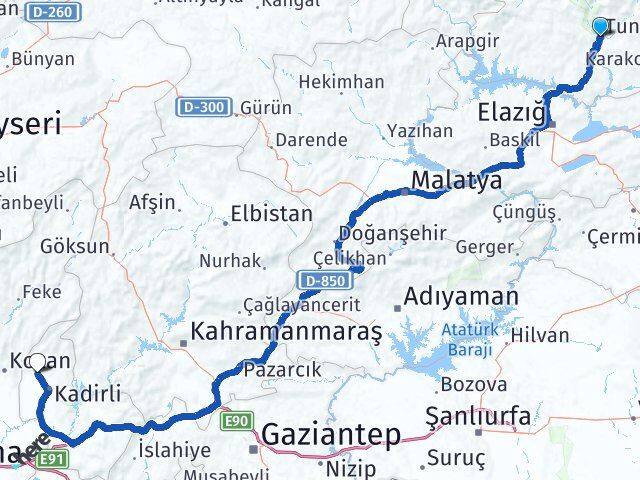 Tunceli Sumbas Osmaniye Arası Kaç Km - Yol Haritası