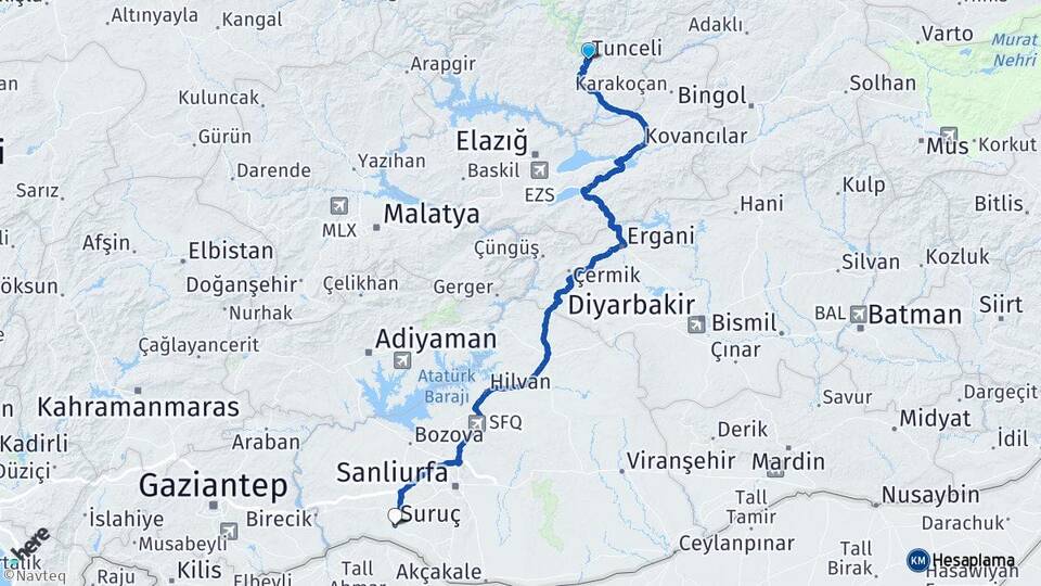 Tunceli Suruç Şanlıurfa Arası Kaç Km - Yol Haritası