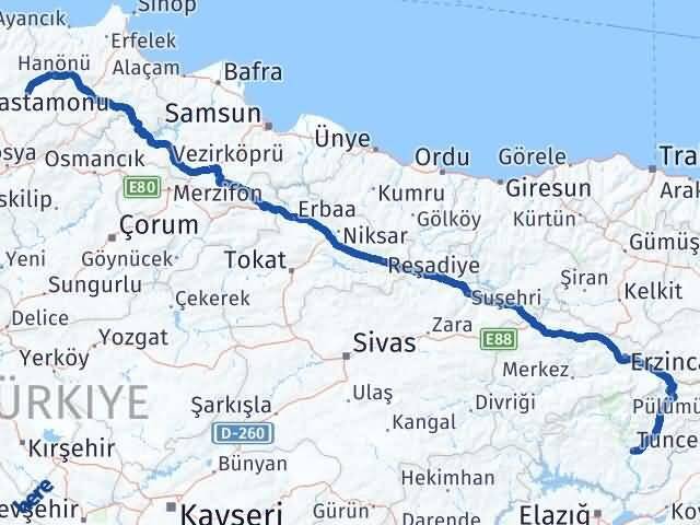 Tunceli Taşköprü Kastamonu Arası Kaç Km - Yol Haritası
