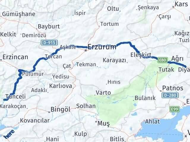 Tunceli Taşlıçay Ağrı Arası Kaç Km - Yol Haritası
