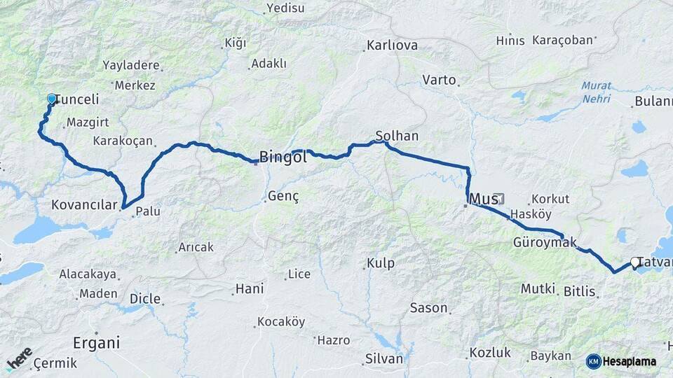 Tunceli Tatvan Bitlis Arası Kaç Km - Yol Haritası