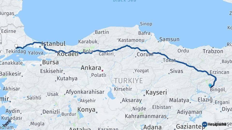 Tunceli Tekirdağ Arası Kaç Km - Yol Haritası