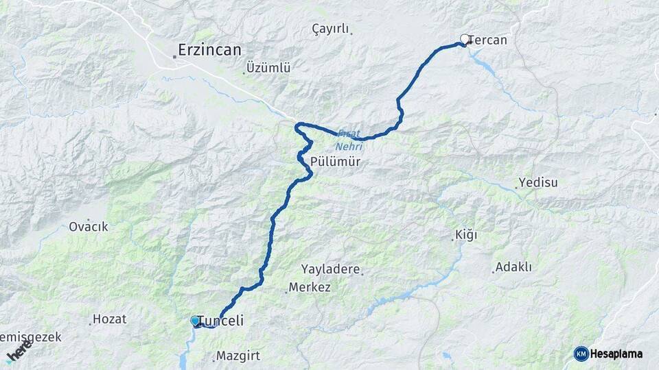 Tunceli Tercan Erzincan Arası Kaç Km - Yol Haritası
