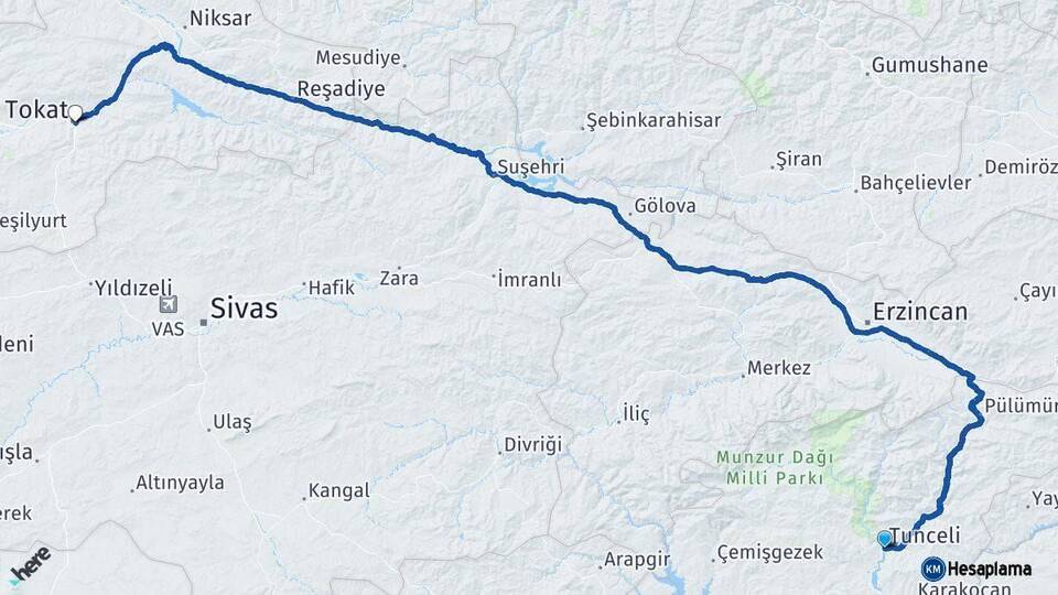 Tunceli Tokat Arası Kaç Km - Yol Haritası