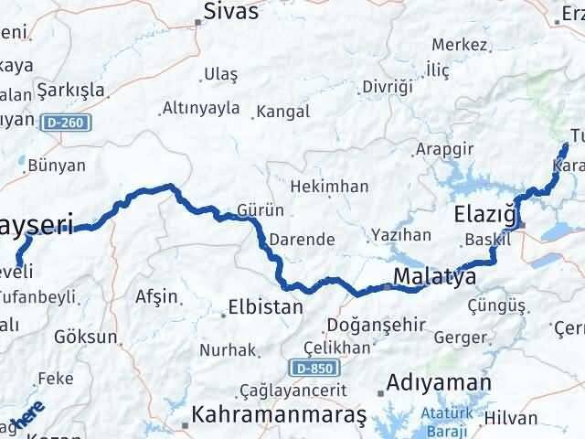 Tunceli Tomarza Kayseri Arası Kaç Km - Yol Haritası