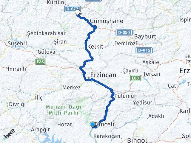 Tunceli Torul Gümüşhane Arası Kaç Km - Yol Haritası