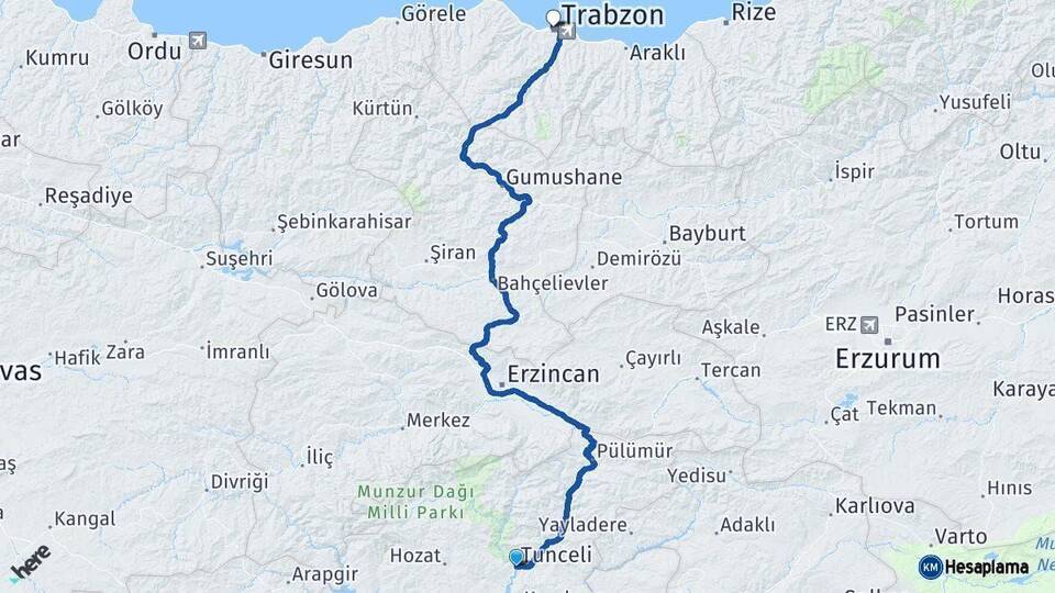 Tunceli Trabzon Arası Kaç Km - Yol Haritası