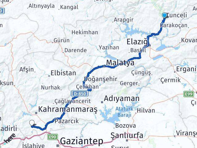 Tunceli Türkoğlu Kahramanmaraş Arası Kaç Km - Yol Haritası