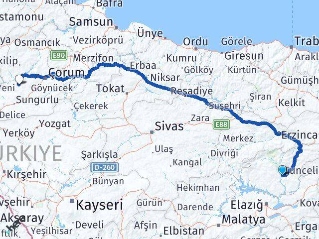 Tunceli Uğurludağ Çorum Arası Kaç Km - Yol Haritası