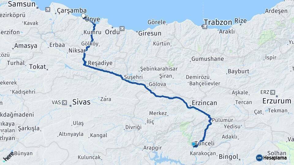 Tunceli Ünye Ordu Arası Kaç Km - Yol Haritası