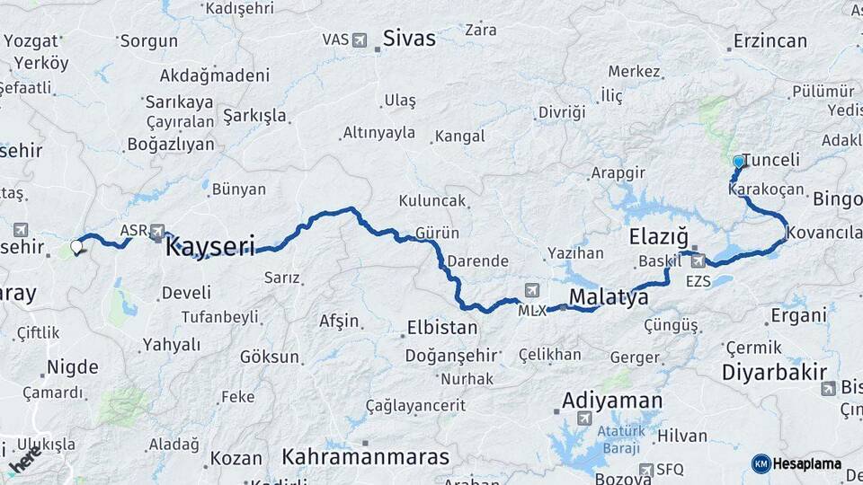 Tunceli Ürgüp Nevşehir Arası Kaç Km - Yol Haritası