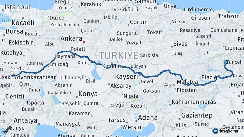 Tunceli Uşak Arası Kaç Km - Yol Haritası