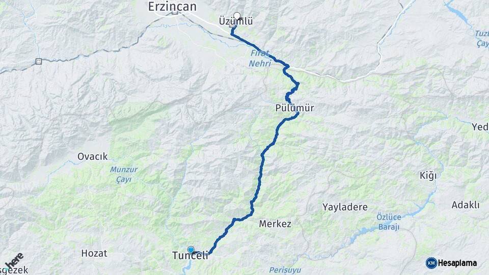 Tunceli Üzümlü Erzincan Arası Kaç Km - Yol Haritası