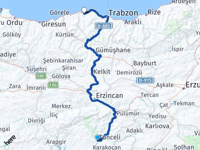 Tunceli Vakfıkebir Trabzon Arası Kaç Km - Yol Haritası