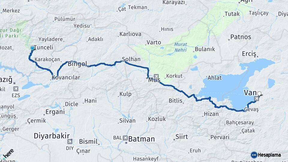 Tunceli Van Arası Kaç Km - Yol Haritası